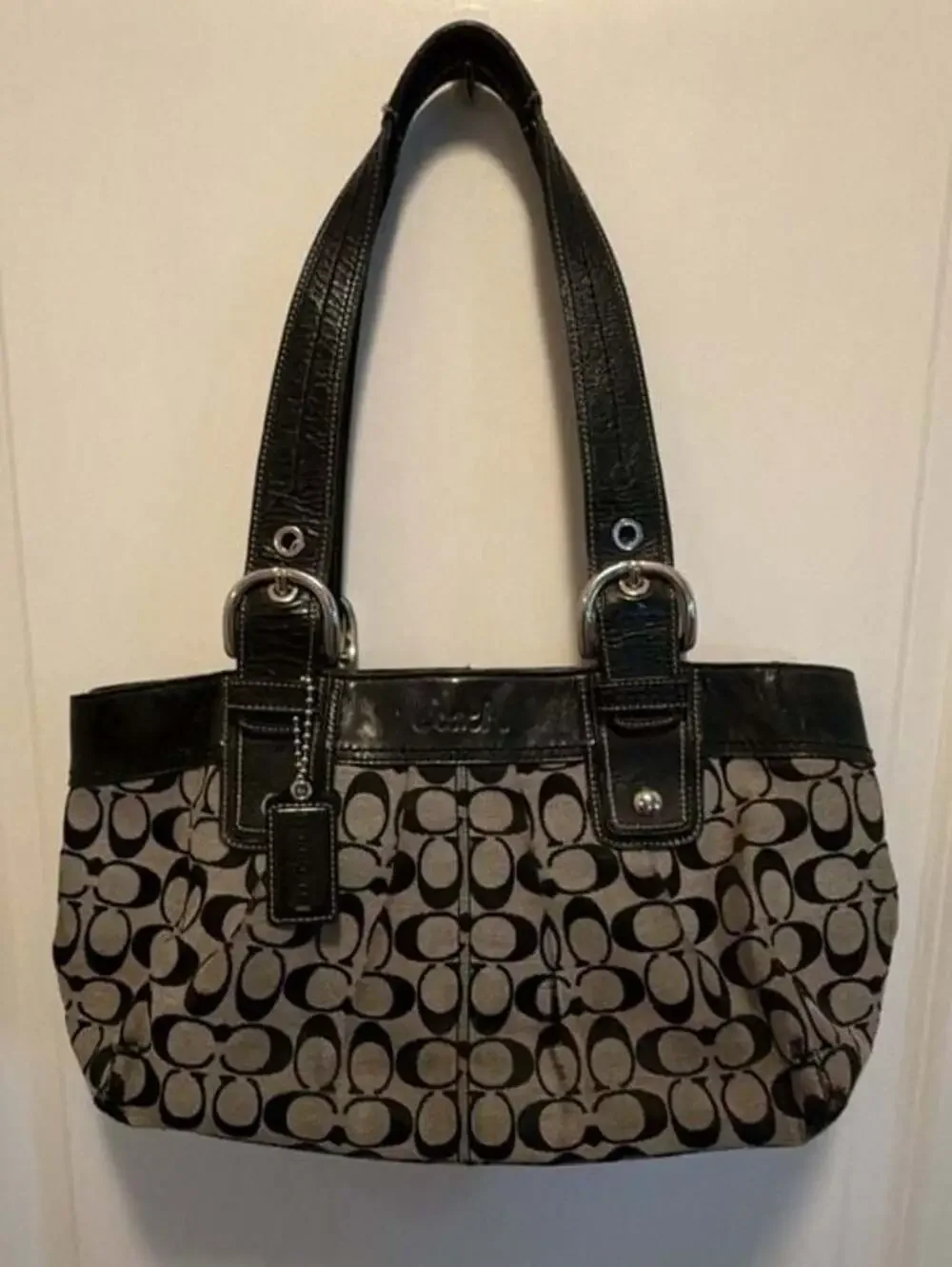 Coach Signature Canvas and Patent Leather Shoulder Bag